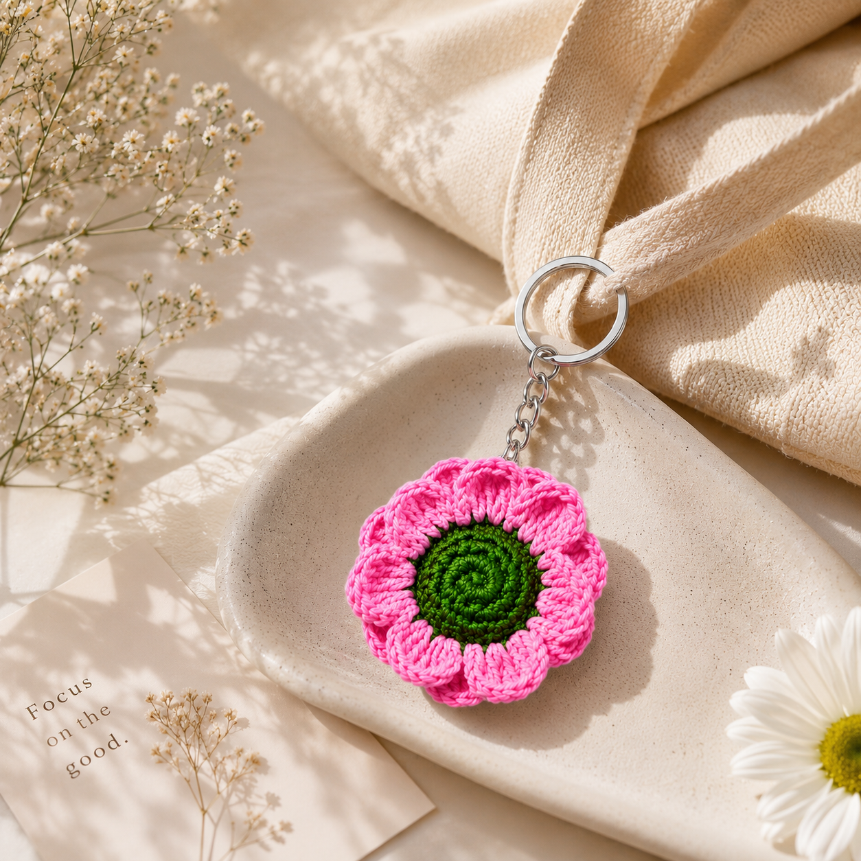 Loomie Handmade Crochet Flower Keychain | Cute Knitted Floral Bag Charm | Soft Yarn Key Ring for Women & Girls | Aesthetic Backpack & Purse Accessory