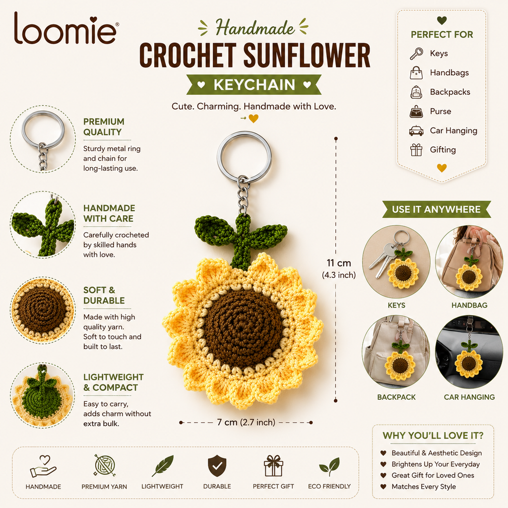 Loomie Handmade Crochet Sunflower Keychain | Cute Knitted Floral Bag Charm | Soft Yarn Key Ring for Women & Girls | Aesthetic Purse, Backpack & Car Accessory