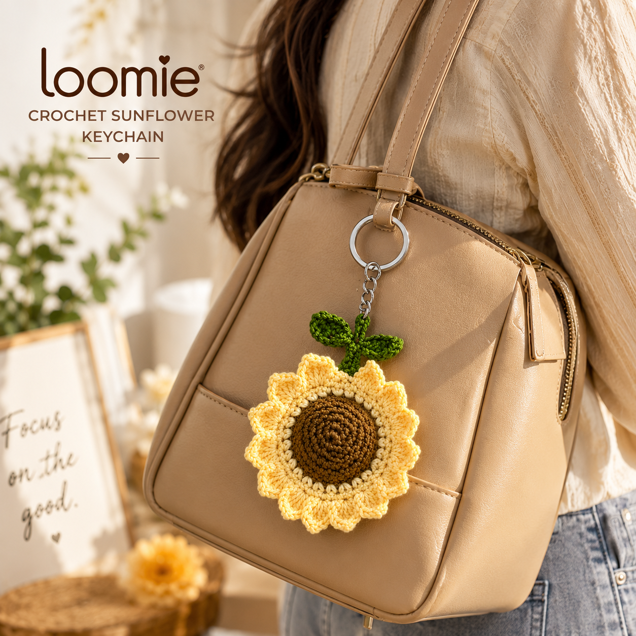 Loomie Handmade Crochet Sunflower Keychain | Cute Knitted Floral Bag Charm | Soft Yarn Key Ring for Women & Girls | Aesthetic Purse, Backpack & Car Accessory