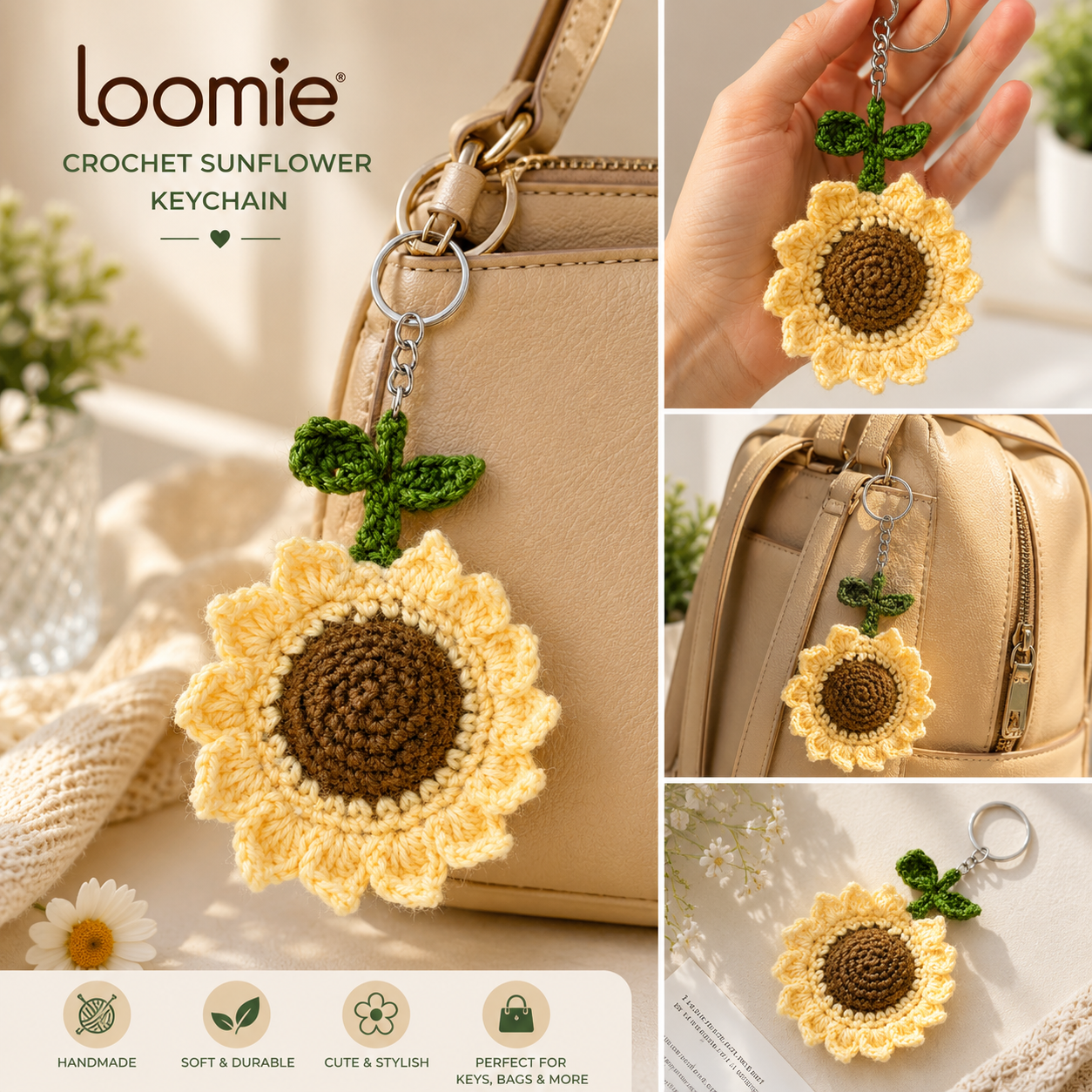 Loomie Handmade Crochet Sunflower Keychain | Cute Knitted Floral Bag Charm | Soft Yarn Key Ring for Women & Girls | Aesthetic Purse, Backpack & Car Accessory