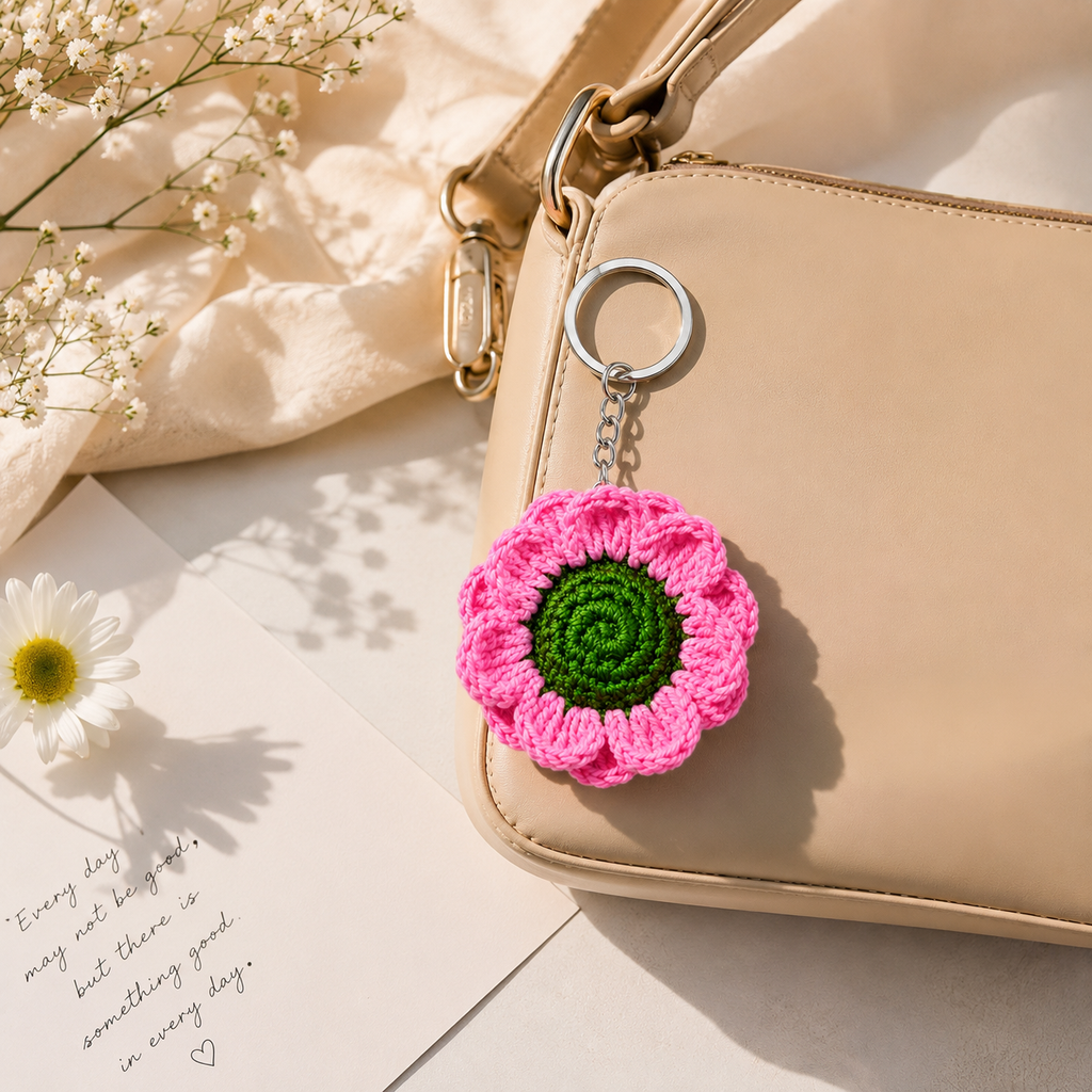 Loomie Handmade Crochet Flower Keychain | Cute Knitted Floral Bag Charm | Soft Yarn Key Ring for Women & Girls | Aesthetic Backpack & Purse Accessory