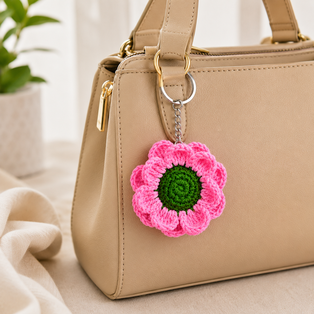 Loomie Handmade Crochet Flower Keychain | Cute Knitted Floral Bag Charm | Soft Yarn Key Ring for Women & Girls | Aesthetic Backpack & Purse Accessory
