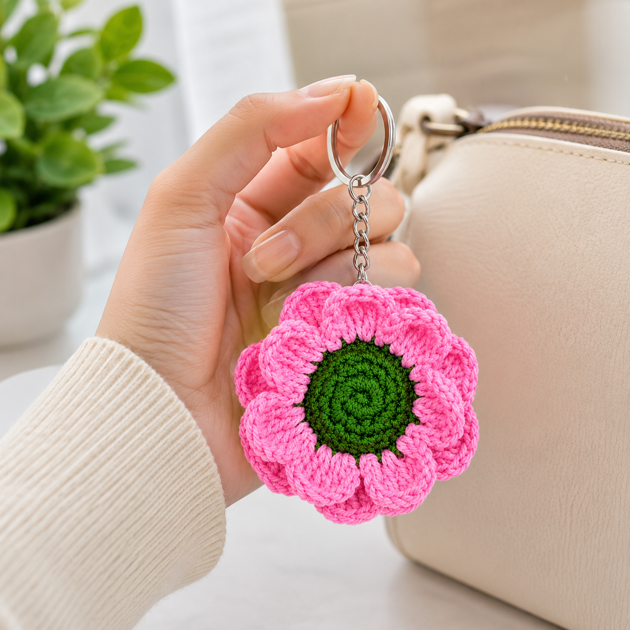 Loomie Handmade Crochet Flower Keychain | Cute Knitted Floral Bag Charm | Soft Yarn Key Ring for Women & Girls | Aesthetic Backpack & Purse Accessory
