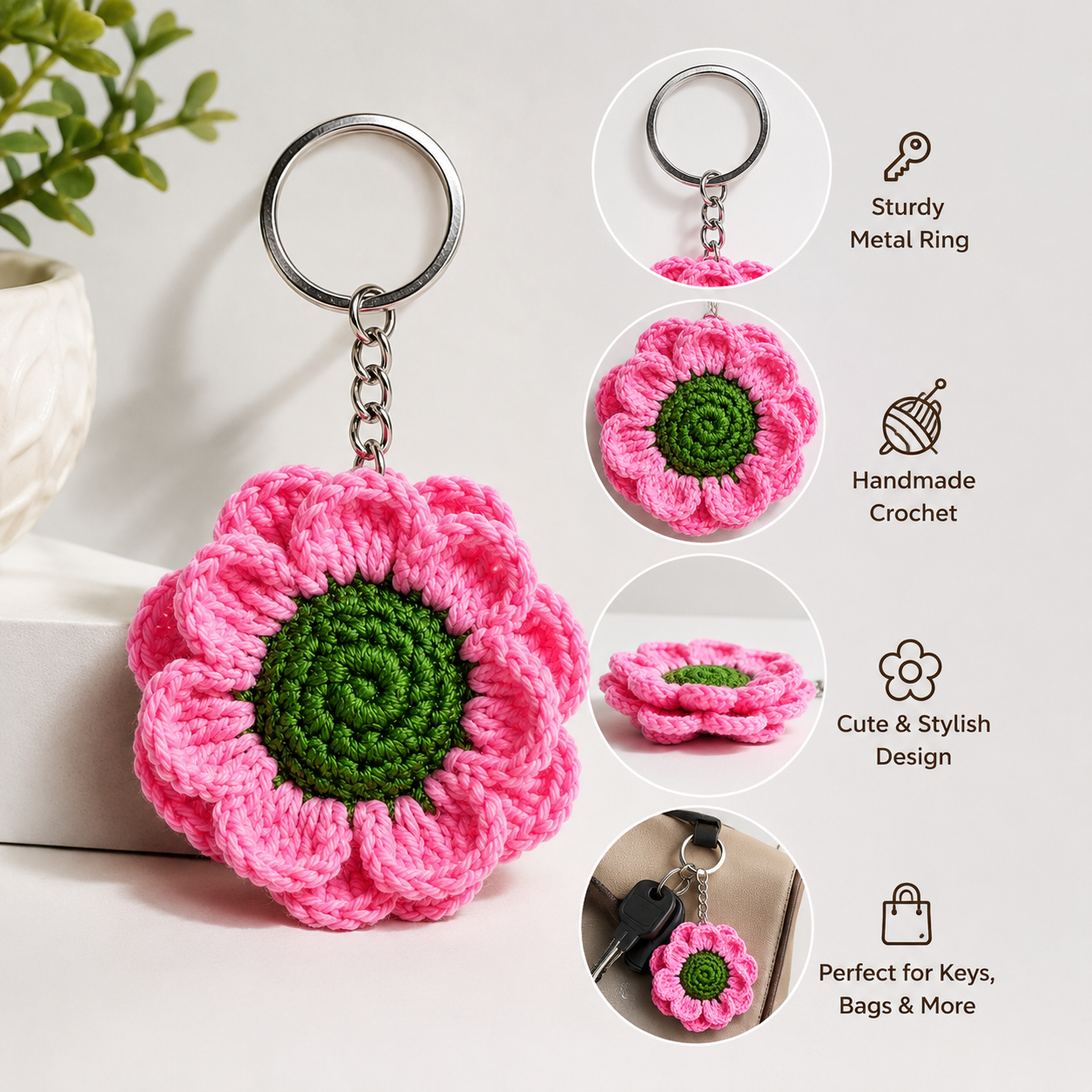 Loomie Handmade Crochet Flower Keychain | Cute Knitted Floral Bag Charm | Soft Yarn Key Ring for Women & Girls | Aesthetic Backpack & Purse Accessory